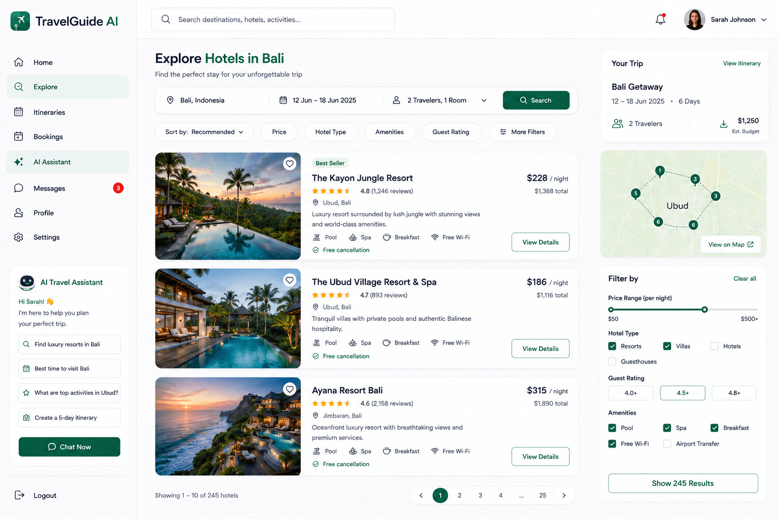 TravelGuide AI hotel explore screen