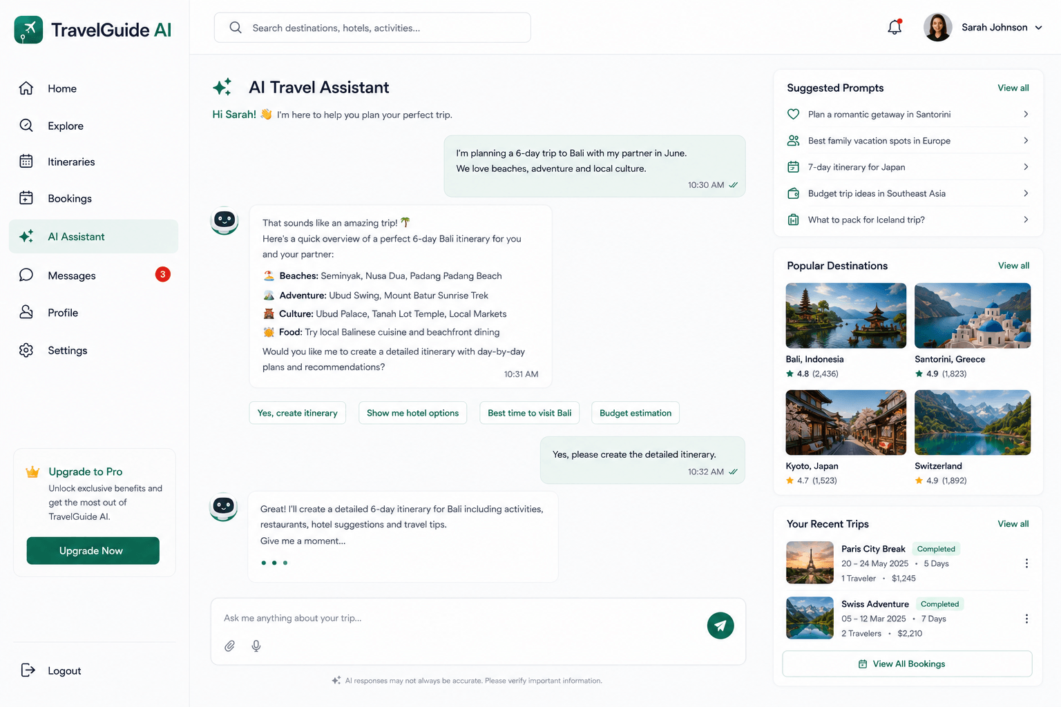 TravelGuide AI travel assistant chat screen