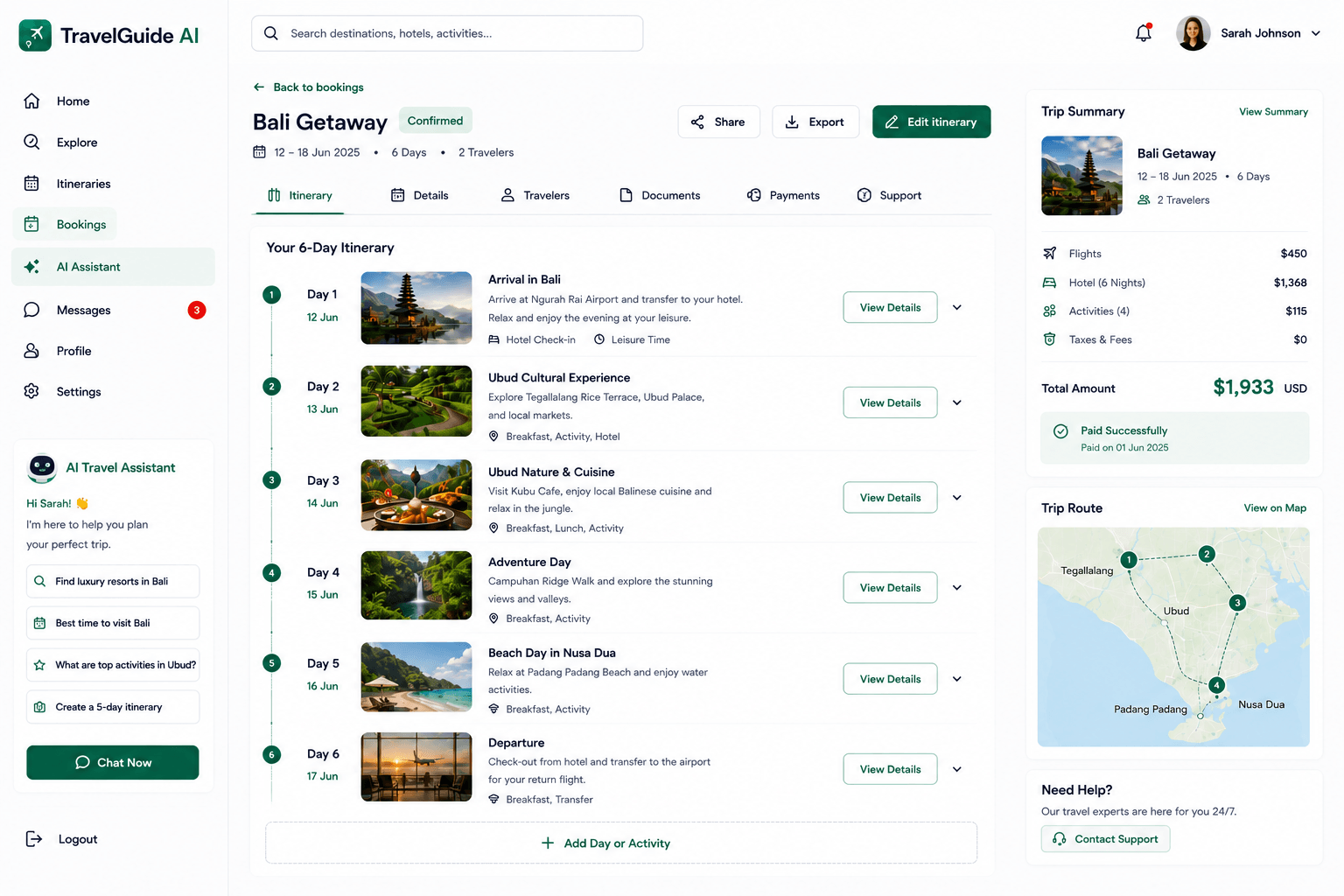 TravelGuide AI itinerary and booking screen